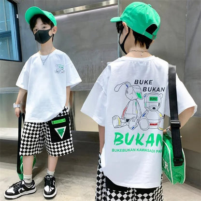 Boys' Fashionable Cartoon Letter Jacket Shorts Two-piece Set