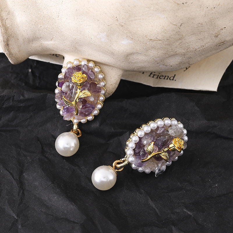 Baroque  Style Purple Stone Rose Stud Earrings