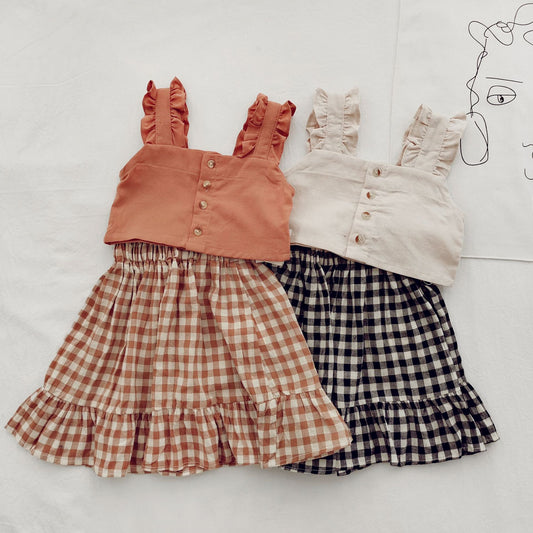 Strap Short Top And Checked Skirt
