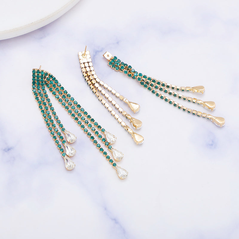 Simple Geometric Alloy Long Tassel Earrings Inlaid Rhinestone Drop Pendant Earrings Party Gift Fashion Jewelry Women