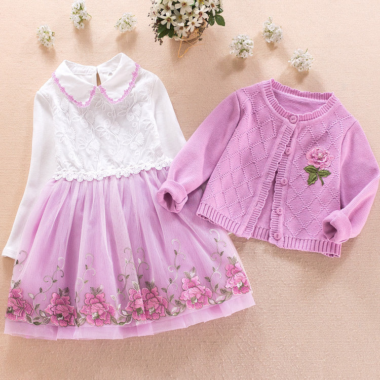 Girls' Dress Two-piece Spring Long-sleeved Sweater Princess Dress
