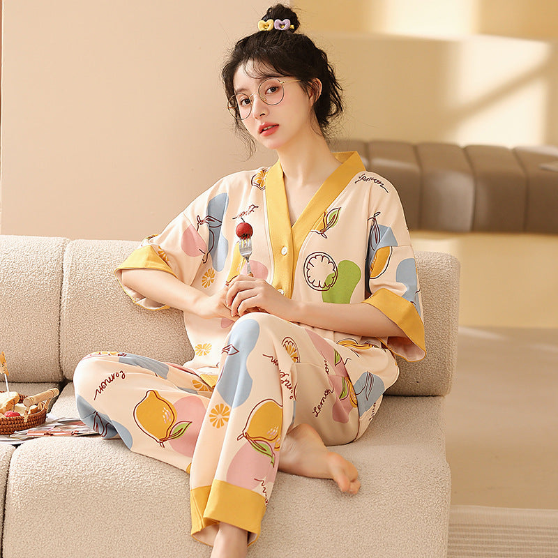 Women's Pajamas Pure Cotton Short-sleeved And Trousers Cardigan Homewear