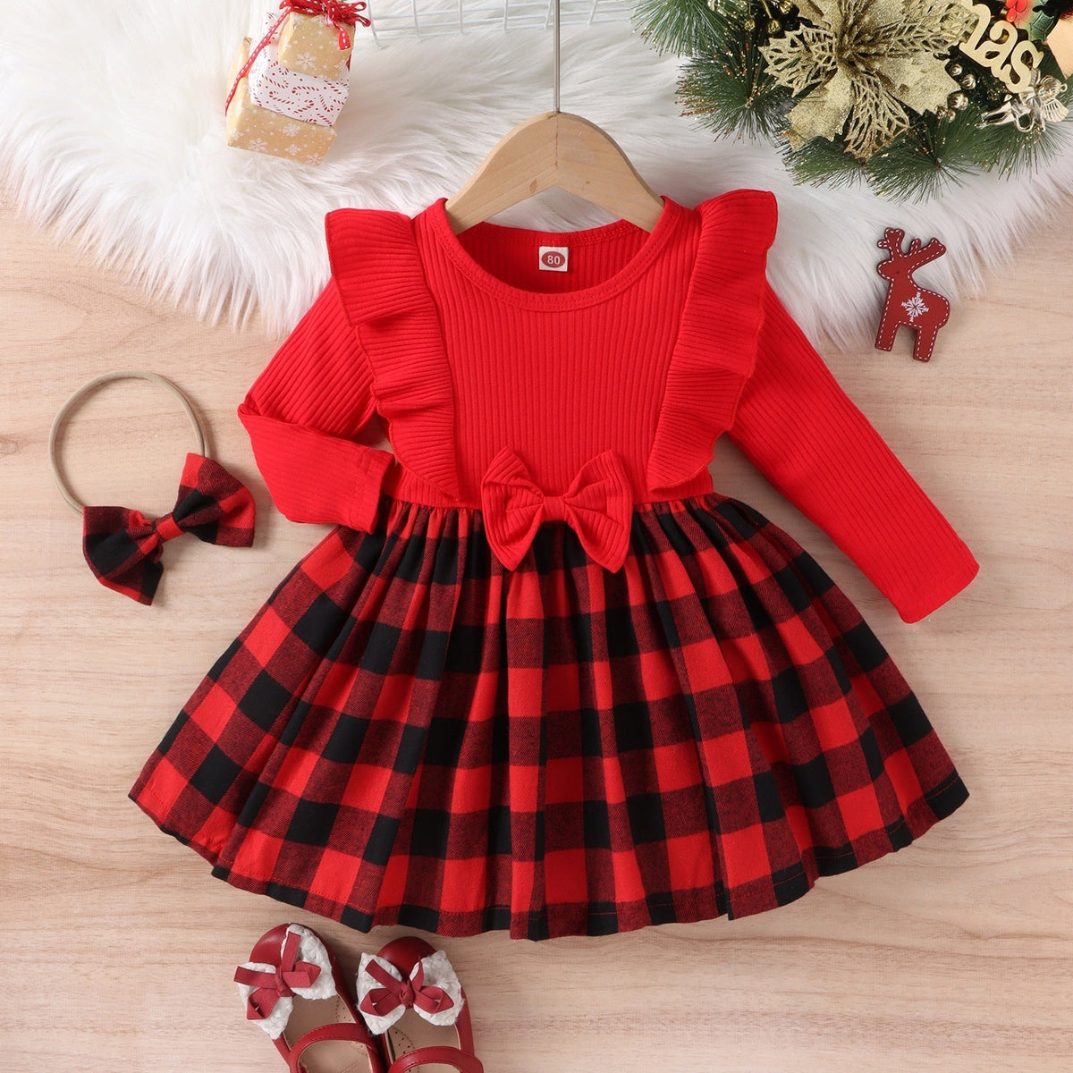 Red Children's Cotton Stitching Tartan Skirt