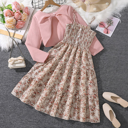 Girls' Floral Strap Dress Long-sleeved Jacket