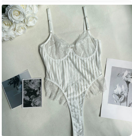 Mesh Stripes Lace Edge Open Hidden Hook Jumpsuit