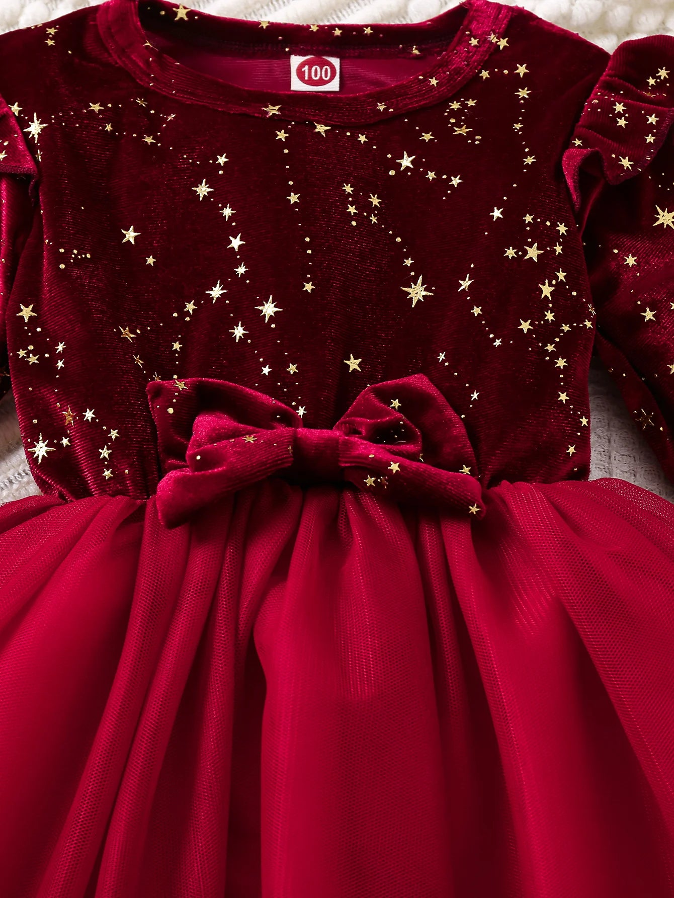 Toddler Girl Party Dress Autumn Winter  Years Children Christmas And New Year Princess Dress Red Velvet Gown Stars Mesh Dress