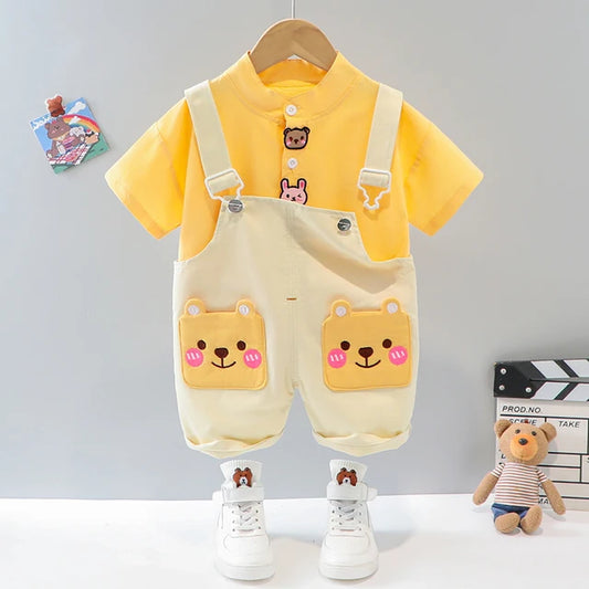 Baby Clothes Children's Casual Outfit  Summer New Cute Baby Boys Clothing Sets For Girls Cartoon Shirt Strap Pants Suit