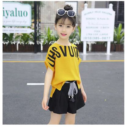 Kids Clothes for Girls Summer Short Sleeve Outfits Irregular Tops + Shorts Teen Girl Clothing Sets School Children's Costume