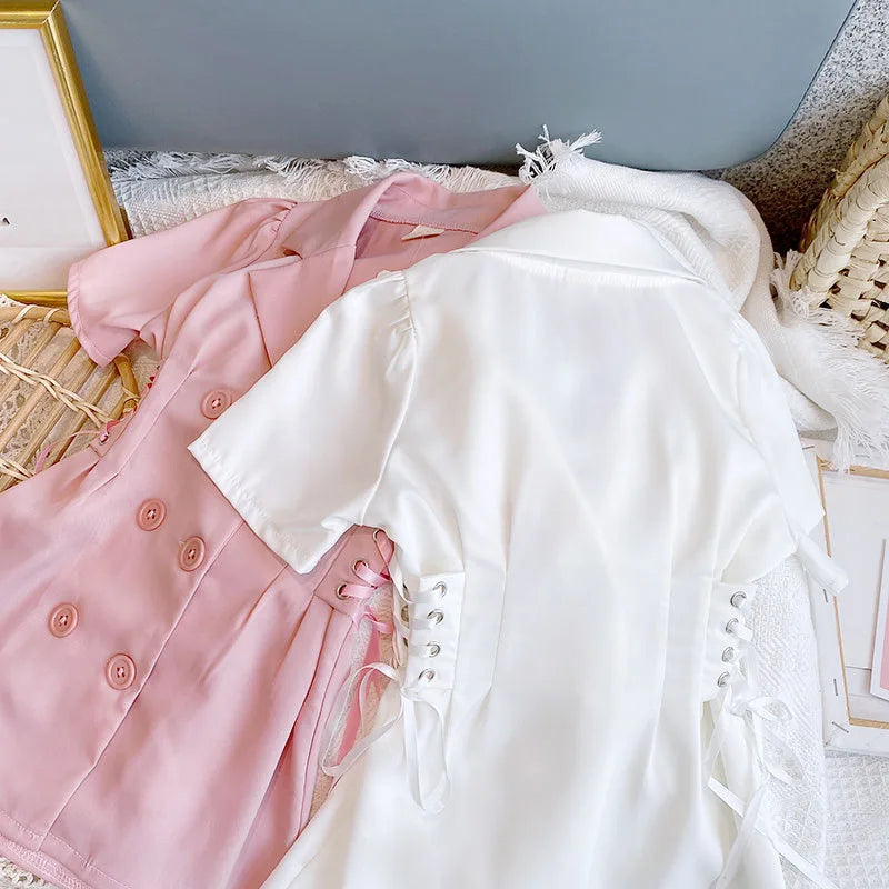 Summer Clothing Lapel Waist Drawstring Double