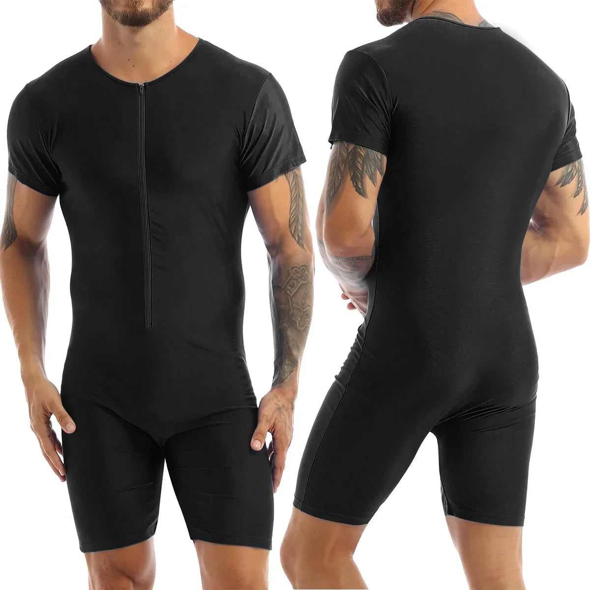 Mens One-piece Swimwear Short Sleeve Zipper Glossy Soft Boxer Bodysuit Swimsuit Beach Pool Party Bathing Suit Rash Guard Wetsuit