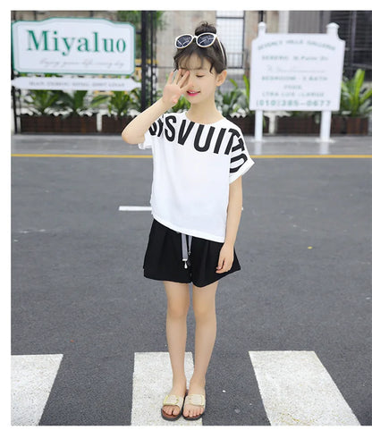 Kids Clothes for Girls Summer Short Sleeve Outfits Irregular Tops + Shorts Teen Girl Clothing Sets School Children's Costume
