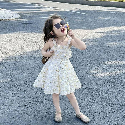 Children's Korean Style Flower Backless Princess Beach Suspender Dress