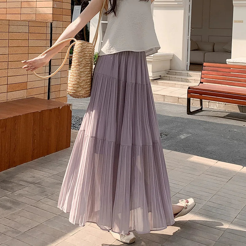Women's Summer Pleated Chiffon Skirt Photorealistic A-Line Wide Flared Design Slimming Long Style 5106