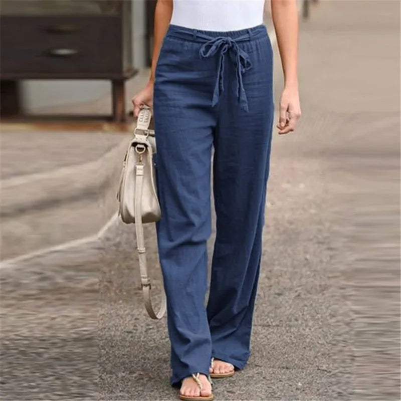 Women Cotton Linen Loose Pants Summer High Elastic Waist Drawstring Wide Leg Trousers JYFS-HS1435