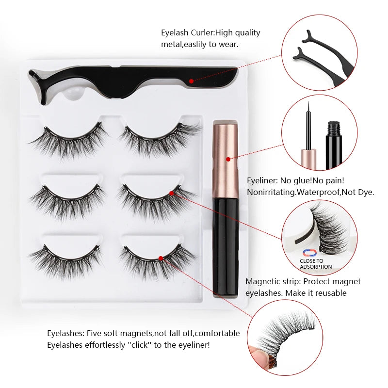 3 Pairs Magnetic Eyelashes Set Waterproof Liquid Eyeliner Tweezer Wispy False Eyelashes Dramatic 3D Mink Lashes Makeup Tools