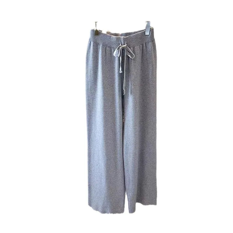 Women's Winter Fashion Knitted Loose Pants High Waist Drape Straight Wide Leg Casual Style Solid Pattern Wool Elastic Sweater