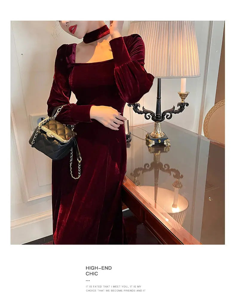 Sexy Dress Women French Retro Vintage Square Collar Waist Office Lady Wine Red Golden Velvet Autumn and Winter Female Clothing