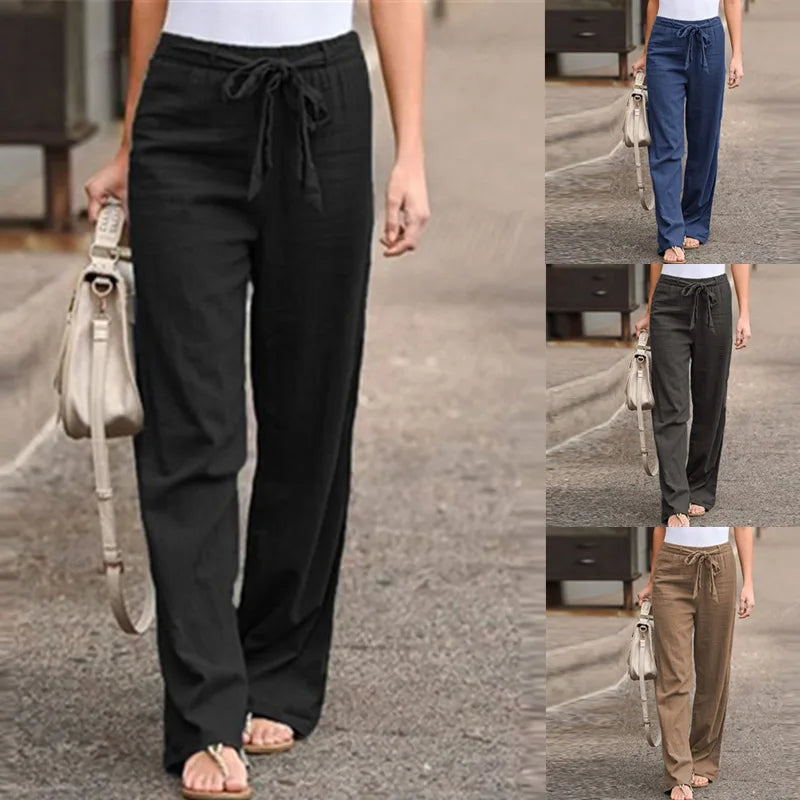 Women Cotton Linen Loose Pants Summer High Elastic Waist Drawstring Wide Leg Trousers JYFS-HS1435