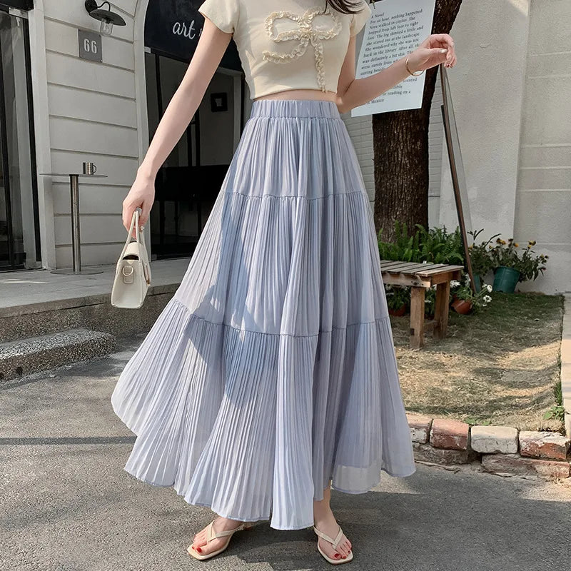 Women's Summer Pleated Chiffon Skirt Photorealistic A-Line Wide Flared Design Slimming Long Style 5106