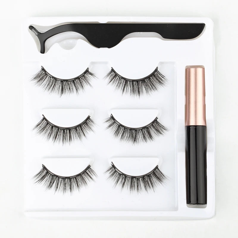 3 Pairs Magnetic Eyelashes Set Waterproof Liquid Eyeliner Tweezer Wispy False Eyelashes Dramatic 3D Mink Lashes Makeup Tools