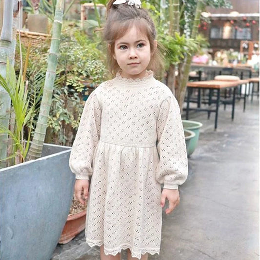 Autumn Winter Baby Girls Lovely Princess Dress Children's Hollow-out Long-Sleeved Dress Knitted Woolen Dress
