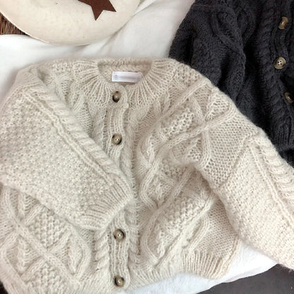 New Winter Korean Style Solid Color Baby Kids Knitted Sweaters Loose Round Neck Children Cardigan Sweater Coats