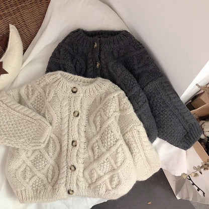 New Winter Korean Style Solid Color Baby Kids Knitted Sweaters Loose Round Neck Children Cardigan Sweater Coats