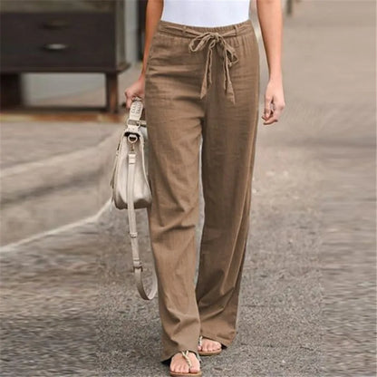 Women Cotton Linen Loose Pants Summer High Elastic Waist Drawstring Wide Leg Trousers JYFS-HS1435