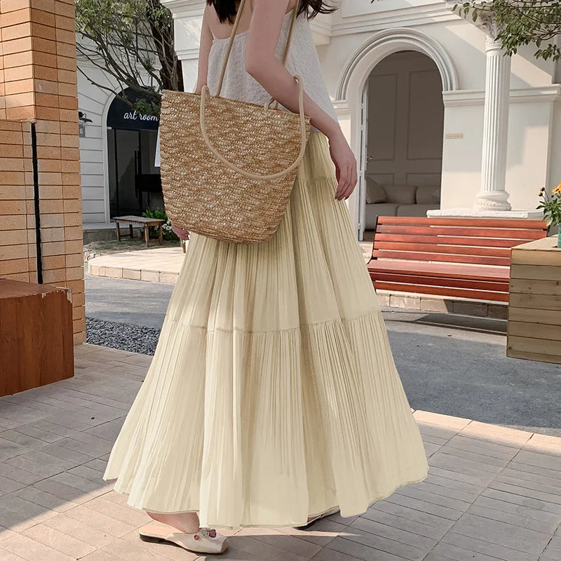 Women's Summer Pleated Chiffon Skirt Photorealistic A-Line Wide Flared Design Slimming Long Style 5106