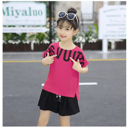 Kids Clothes for Girls Summer Short Sleeve Outfits Irregular Tops + Shorts Teen Girl Clothing Sets School Children's Costume