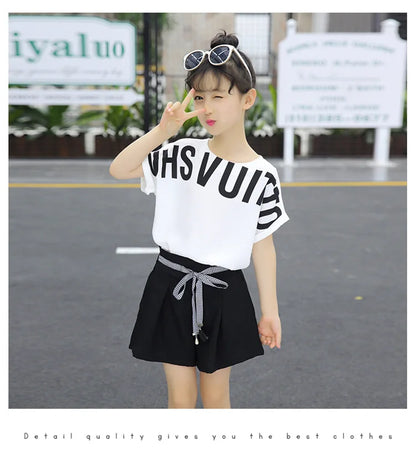 Kids Clothes for Girls Summer Short Sleeve Outfits Irregular Tops + Shorts Teen Girl Clothing Sets School Children's Costume
