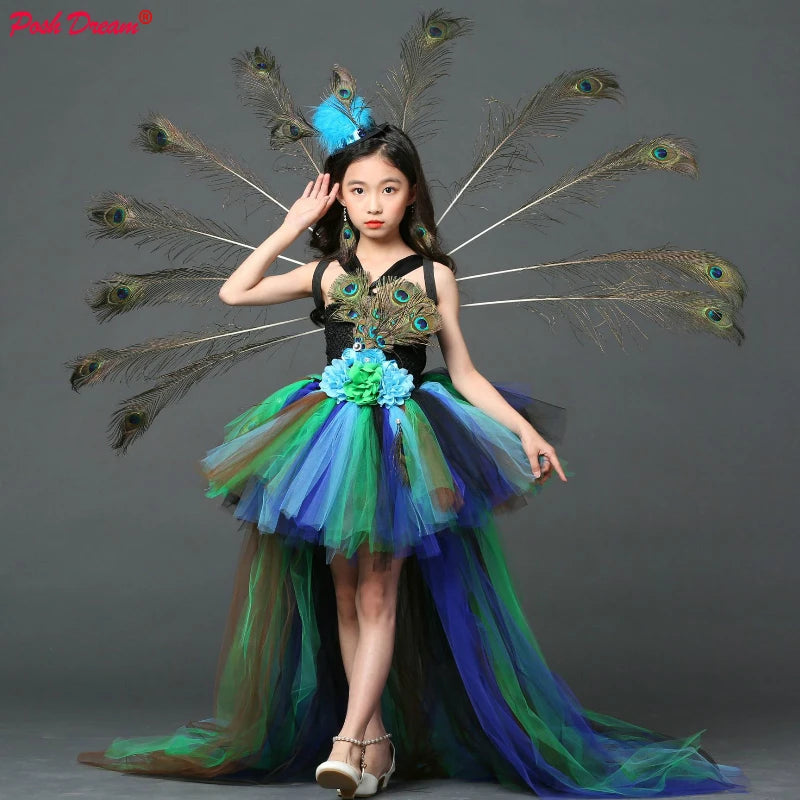 Girl Peacock Flower Party Tutu Dresses for Halloween with Train Tulle Peacock Princess Children Party Evening Dress