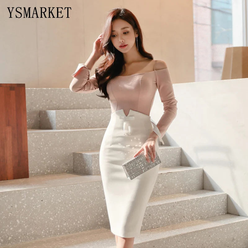 S-3XL Office Lady High Waist Bow Detail Midi Skirts Sexy Middle Slit Back Pencil Skirt New Slim OL Skirt EGY977