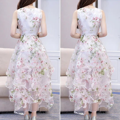 Summer High Low Retro Dress Vintage Women Sleeveless Front Back Short Long Organza Lace Dress Ladies Elegant Party Dress