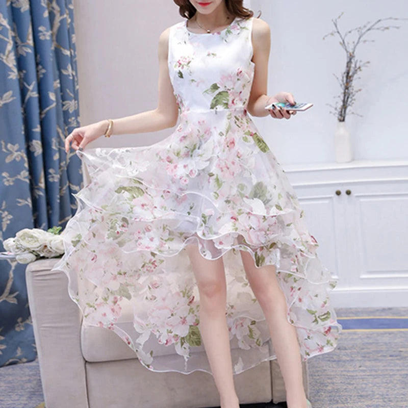 Summer High Low Retro Dress Vintage Women Sleeveless Front Back Short Long Organza Lace Dress Ladies Elegant Party Dress