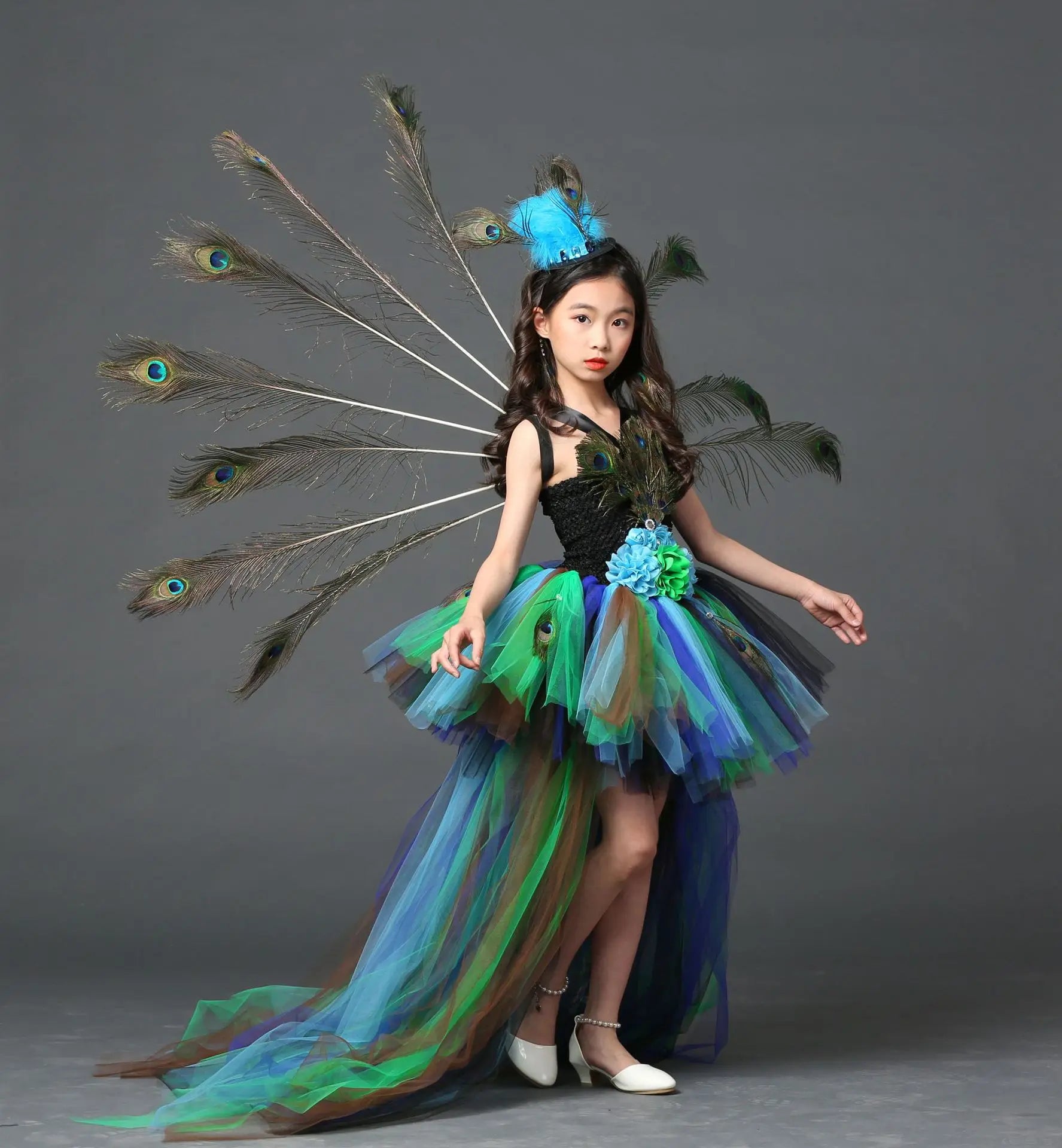 Girl Peacock Flower Party Tutu Dresses for Halloween with Train Tulle Peacock Princess Children Party Evening Dress