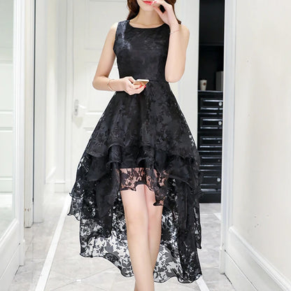 Summer High Low Retro Dress Vintage Women Sleeveless Front Back Short Long Organza Lace Dress Ladies Elegant Party Dress