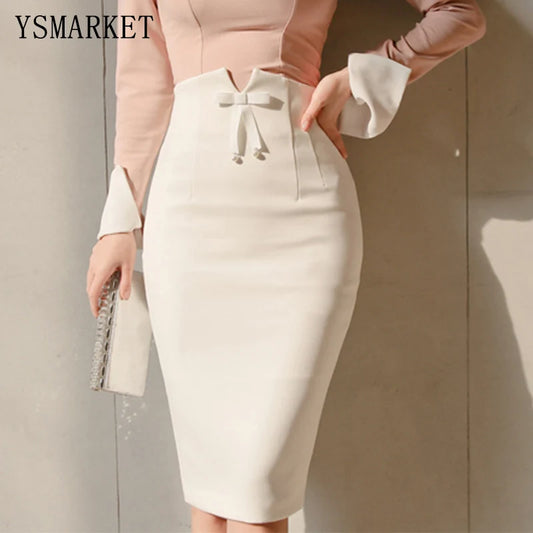 S-3XL Office Lady High Waist Bow Detail Midi Skirts Sexy Middle Slit Back Pencil Skirt New Slim OL Skirt EGY977