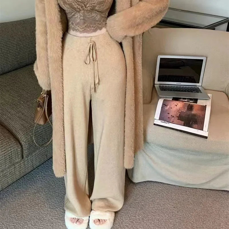 Women's Winter Fashion Knitted Loose Pants High Waist Drape Straight Wide Leg Casual Style Solid Pattern Wool Elastic Sweater