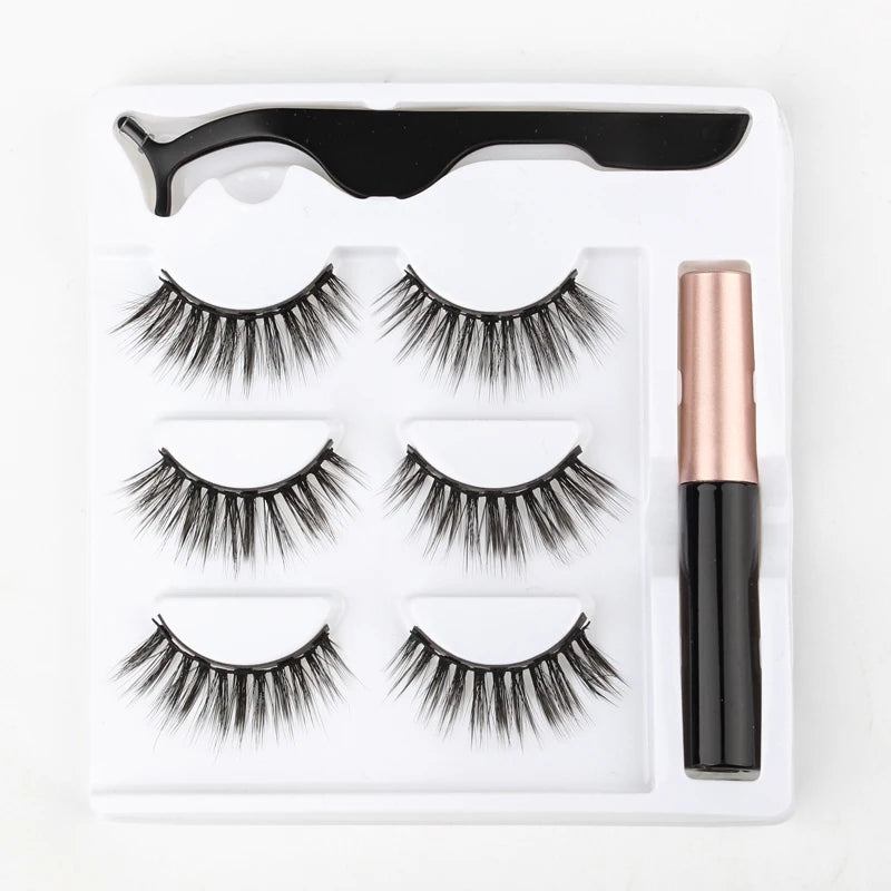 3 Pairs Magnetic Eyelashes Set Waterproof Liquid Eyeliner Tweezer Wispy False Eyelashes Dramatic 3D Mink Lashes Makeup Tools