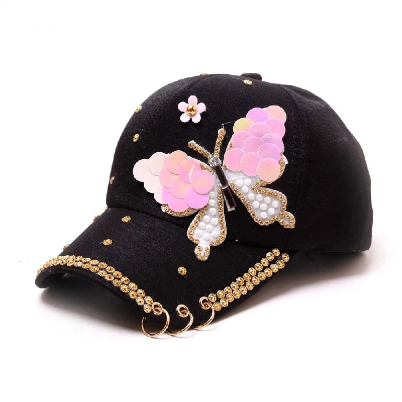 Autumn Women's Baseball Cap Women Full Crystal Colorful Big Butterfly Hat Cotton Shiny Metal Snapback Caps Hip Hop hats