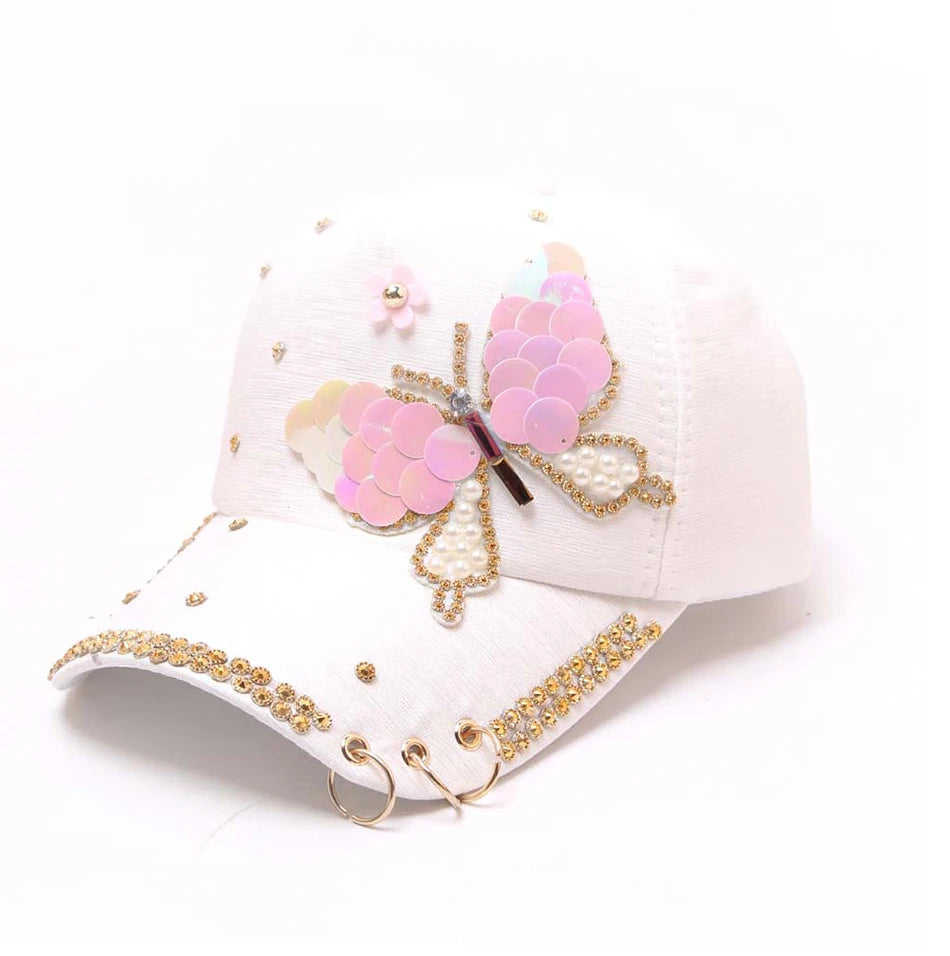 Autumn Women's Baseball Cap Women Full Crystal Colorful Big Butterfly Hat Cotton Shiny Metal Snapback Caps Hip Hop hats