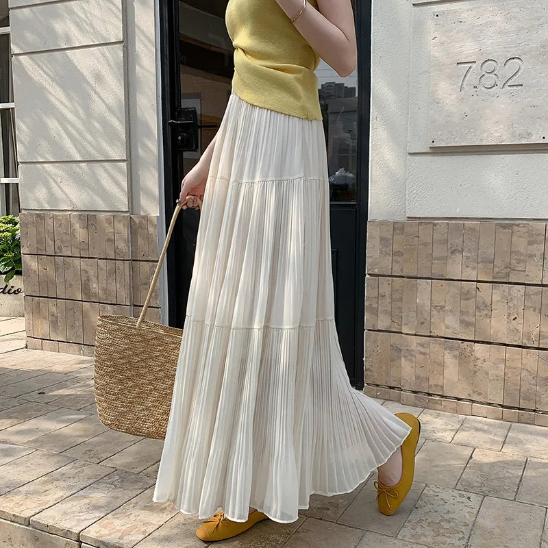 Women's Summer Pleated Chiffon Skirt Photorealistic A-Line Wide Flared Design Slimming Long Style 5106