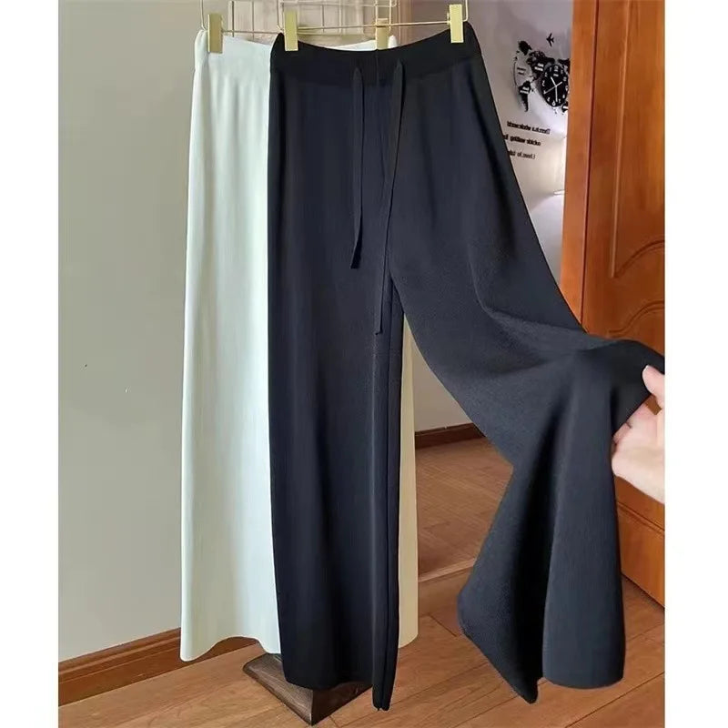 Women's Winter Fashion Knitted Loose Pants High Waist Drape Straight Wide Leg Casual Style Solid Pattern Wool Elastic Sweater