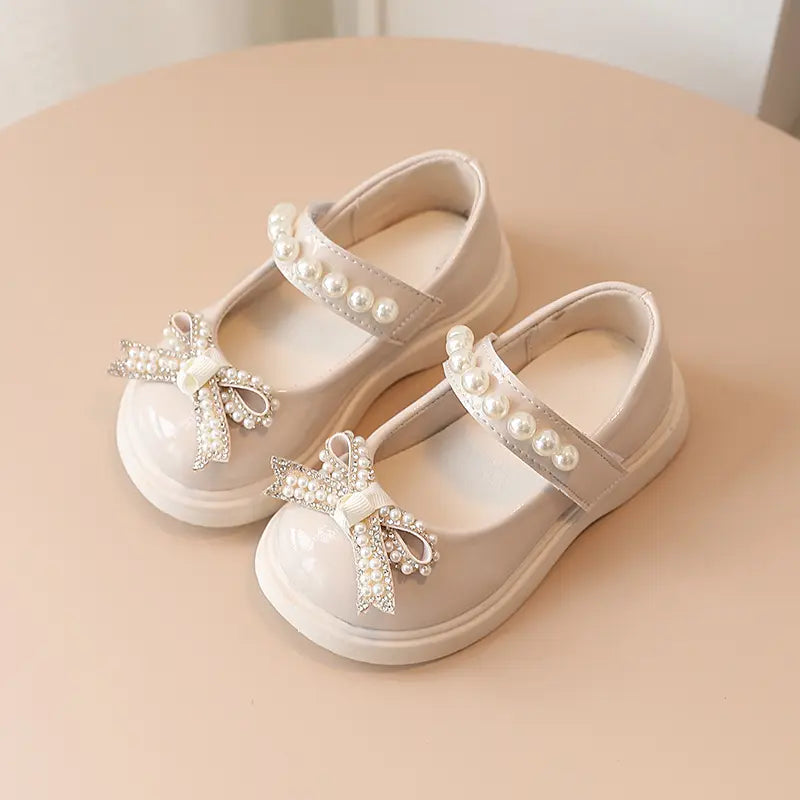 Kids Fashion Pearl Bow Knot PU Leather Princess Shoes for Girls Butterfly Baby Shoes (Available)