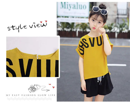 Kids Clothes for Girls Summer Short Sleeve Outfits Irregular Tops + Shorts Teen Girl Clothing Sets School Children's Costume