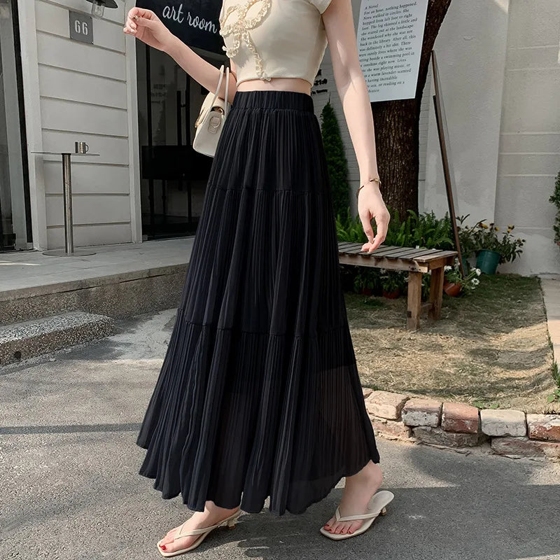 Women's Summer Pleated Chiffon Skirt Photorealistic A-Line Wide Flared Design Slimming Long Style 5106