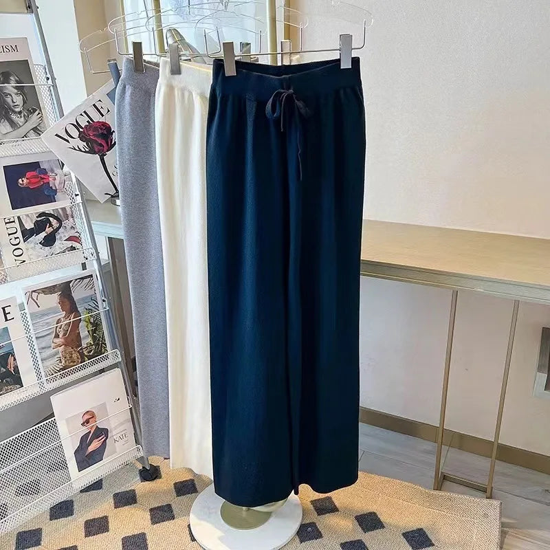 Women's Winter Fashion Knitted Loose Pants High Waist Drape Straight Wide Leg Casual Style Solid Pattern Wool Elastic Sweater