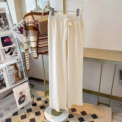 Women's Winter Fashion Knitted Loose Pants High Waist Drape Straight Wide Leg Casual Style Solid Pattern Wool Elastic Sweater