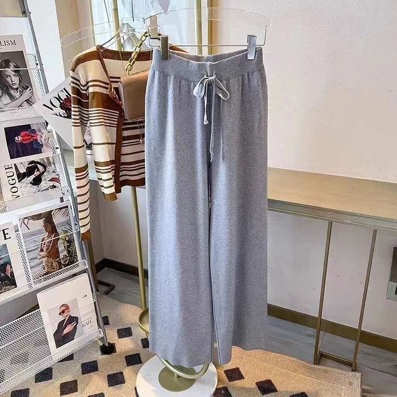 Women's Winter Fashion Knitted Loose Pants High Waist Drape Straight Wide Leg Casual Style Solid Pattern Wool Elastic Sweater